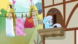 Size: 1920x1080 | Tagged: safe, derpibooru import, screencap, linky, shoeshine, the big mac question, balcony, clothes, clothes line, solo, towel