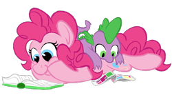 Size: 2000x1100 | Tagged: safe, artist:skookz, derpibooru import, pinkie pie, spike, dragon, earth pony, pony, baby, baby dragon, book, comic book, cute, duo, female, happy, hooves on cheeks, lying down, lying on top of someone, male, mare, prone, reading, simple background, spikabetes, transparent background