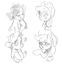 Size: 2014x2088 | Tagged: safe, artist:chapaghettii, derpibooru import, applejack, rarity, earth pony, pony, unicorn, applejack's hat, blushing, cowboy hat, hat, monochrome, ponytail, sketch, surprised