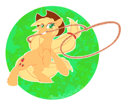 Size: 1608x1357 | Tagged: safe, artist:pheebadohdoh, artist:pheepupper, derpibooru import, applejack, earth pony, pony, abstract background, circle background, cute, female, heart eyes, jackabetes, lasso, leg fluff, mare, mouth hold, rope, simple background, solo, transparent background, wingding eyes