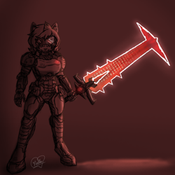 Size: 2490x2492 | Tagged: safe, artist:gempainter32, derpibooru import, oc, oc only, oc:diamond nella, anthro, unguligrade anthro, unicorn, action pose, anthro oc, armor, crucible blade, digital art, doom, doom eternal, ear fluff, female, glow, holding, ibispaint x, mare, mask, praetor suit, red background, reflection, shoulder pads, signature, simple background, slayer crucible, solo, sword, symbol, visor, weapon