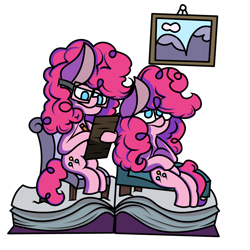 Size: 6000x6000 | Tagged: safe, artist:hymyt2, derpibooru import, pinkie pie, earth pony, pony, book, duality, duo, female, glasses, mare, self ponidox, simple background, sitting, transparent background, writing