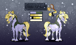 Size: 1131x677 | Tagged: safe, artist:berriesncreme, artist:tartisicflake, oc, oc only, oc:chiyo, crystal pony, dracony, dragon, earth pony, hybrid, kirin, pony, color palette, reference sheet, scales, snow, snowfall, solo, sparkles