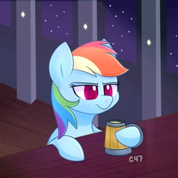 Size: 2000x2000 | Tagged: safe, artist:handgunboi, derpibooru import, rainbow dash, pegasus, pony, apple cider, bar, cider mug, disappointed, mug, night, stars