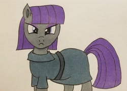 Size: 1788x1290 | Tagged: safe, artist:polar_storm, maud pie, earth pony, pony, blue eyes, clothes, colored, cute, female, frown, mare, maud pie is not amused, maudabetes, simple background, sketch, solo, traditional art, unhappy, white background