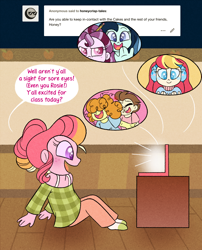 Size: 1000x1240 | Tagged: safe, artist:carouselunique, artist:honeycrisp-tales, pound cake, pumpkin cake, oc, oc:dolly dusk, oc:honeycrisp blossom, oc:ma belle danseuse, oc:primrose prime, equestria girls, ask, cake twins, computer, equestria girls-ified, hair over eyes, honeycrisp tales, laptop computer, offspring, older, older pound cake, older pumpkin cake, parent:big macintosh, parent:chancellor neighsay, parent:moondancer, parent:oc:caliper cinch, parent:prince blueblood, parent:princess cadance, parent:sonata dusk, parent:suri polomare, parents:cadmac, parents:canon x oc, parents:moonblood, parents:neighsaynota, quarantine, siblings, tumblr, twins, video call