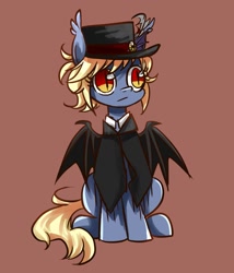 Size: 1149x1344 | Tagged: safe, artist:ce2438, oc, oc only, oc:vesper flare, bat pony, pony, unicorn, bat pony oc, bat wings, brown background, clothes, female, hat, mare, simple background, slit eyes, solo, wings