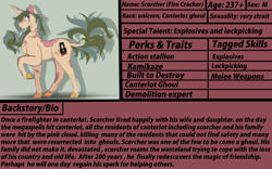 Size: 3209x2000 | Tagged: safe, artist:shirofluff, oc, oc only, oc:scorcher, ghoul, undead, unicorn, fallout equestria, bio, canterlot ghoul, foe, male, raised hoof, reference sheet, scar, shadow, solo, stallion