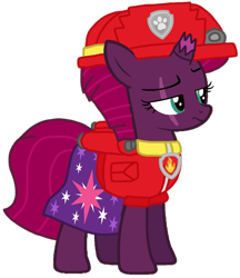 Size: 917x1063 | Tagged: safe, artist:徐詩珮, fizzlepop berrytwist, tempest shadow, pony, unicorn, series:sprglitemplight diary, series:sprglitemplight life jacket days, series:springshadowdrops diary, series:springshadowdrops life jacket days, alternate universe, clothes, cute, marshall (paw patrol), paw patrol, simple background, tempest shadow is not amused, transparent background, unamused