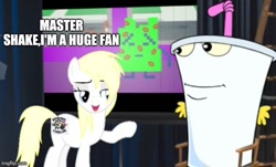 Size: 643x388 | Tagged: safe, artist:dex stewart, screencap, oc, oc:fargate, earth pony, pony, aqua teen hunger force, caption, i can't believe it's not aryanne, i can't believe it's not nazi, ignignokt, image macro, imgflip, master shake, meme, mohawk, op is a cuck, op is trying to start shit, projection screen, text, the powerpuff girls, universal remonster, wheelchair