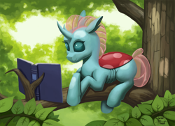 Size: 1600x1161 | Tagged: safe, artist:zevironmoniroth, derpibooru import, ocellus, changedling, changeling, book, crossed hooves, female, reading, smiling, solo, tree, tree branch