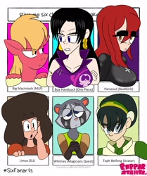 Size: 2016x2408 | Tagged: safe, artist:realstripespage, big macintosh, anthro, earth pony, human, pony, raccoon, :o, anthro with ponies, avatar the last airbender, bedroom eyes, boa hancock, breasts, bust, clothes, ear piercing, female, hairband, magician's quest, male, one piece, open mouth, parasoul, piercing, six fanarts, skullgirls, stallion, steven universe, straw in mouth, toph bei fong, unshorn fetlocks