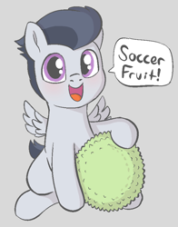 Size: 662x844 | Tagged: safe, artist:heretichesh, derpibooru import, rumble, pegasus, pony, blushing, colt, cute, dialogue, durian, excited, food, happy, male, rumblebetes, smiling, text