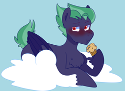 Size: 1280x936 | Tagged: safe, artist:cubbybatdoodles, oc, oc only, oc:wind biter, pegasus, pony, alternate universe, blushing, cloud, eating, food, lying down, lying on a cloud, male, muffin, offspring, on a cloud, parent:derpy hooves, parent:ditzy doo, parent:doctor whooves, parent:time turner, parents:doctorderpy, prone, short mane, short tail, solo