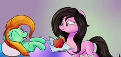 Size: 1280x610 | Tagged: safe, artist:huffy26, oc, oc only, oc:chandelier, oc:limeheart, pony, apple, atg 2020, female, food, glass, mare, newbie artist training grounds, orange