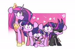 Size: 2202x1457 | Tagged: safe, artist:sourspot, derpibooru import, princess twilight 2.0, twilight sparkle, twilight sparkle (alicorn), unicorn twilight, alicorn, pony, unicorn, it's about time, the last problem, abstract background, book, crescent moon, crown, cute, female, filly, filly twilight sparkle, future twilight, heart, jewelry, looking at you, mare, moon, multeity, open mouth, regalia, self ponidox, sitting, smiling, solid sparkle, stars, sweat, twiabetes, younger