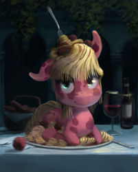 Size: 955x1188 | Tagged: safe, artist:bakuel, food pony, original species, pony, alcohol, food, fork, looking at you, meatballs, pasta, plate, ponified, spaghetti, wine