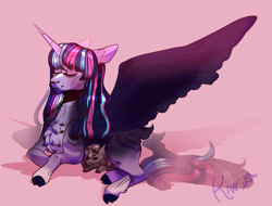 Size: 2103x1600 | Tagged: safe, artist:kiwigoat-art, derpibooru import, twilight sparkle, twilight sparkle (alicorn), oc, oc:paradox, alicorn, draconequus, hybrid, pony, chest fluff, eyes closed, female, interspecies offspring, lying down, male, mare, mother and child, mother and son, offspring, parent and child, parent:discord, parent:twilight sparkle, parents:discolight, redesign, spread wings, wings