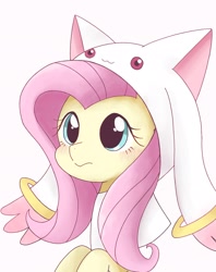 Size: 1622x2048 | Tagged: safe, artist:ginmaruxx, derpibooru import, fluttershy, incubator (species), pony, blushing, bust, clothes, cosplay, costume, crossover, cute, emiri katou, female, japanese, kyubey, kyubeyshy, mare, puella magi madoka magica, shyabetes, simple background, solo, voice actor joke, white background