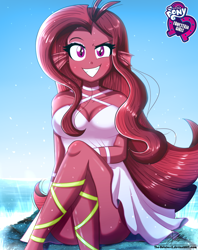 Size: 920x1160 | Tagged: safe, artist:the-butch-x, derpibooru import, oc, oc only, oc:mezma, equestria girls, breasts, butch's hello, cleavage, clothes, crossed legs, disguise, disguised siren, dress, equestria girls logo, female, hello x, legs, looking at you, sandals, schrödinger's pantsu, signature, sleeveless, smiling, solo, thighs