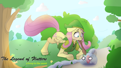 Size: 2560x1440 | Tagged: safe, artist:fuzzypones, derpibooru import, fluttershy, pegasus, pony, blushing, crossover, female, link, rupee, slime, solo, sweat, sweatdrop, teardrop, teary eyes, text, the legend of zelda, tree