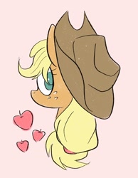 Size: 1480x1910 | Tagged: safe, artist:noupu, derpibooru import, applejack, earth pony, pony, apple, bust, cute, female, food, jackabetes, looking back, mare, no pupils, pink background, portrait, simple background, solo