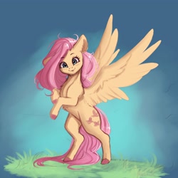 Size: 4000x4000 | Tagged: safe, artist:miokomata, derpibooru import, fluttershy, pegasus, pony, absurd resolution, chest fluff, colored hooves, cute, female, freckles, freckleshy, leg fluff, looking at you, mare, rearing, shyabetes, signature, solo, spread wings, wings