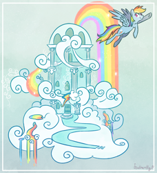 Size: 1280x1406 | Tagged: safe, artist:featherrfly, derpibooru import, rainbow dash, pegasus, pony, cloud, female, flying, mare, no pupils, rainbow, rainbow dash's house, solo, spread wings, wings