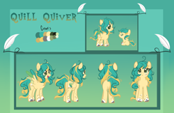 Size: 1530x994 | Tagged: safe, artist:skulifuck, derpibooru import, oc, oc only, oc:quill quiver, pegasus, pony, abstract background, baby, baby pony, base used, colored hooves, female, filly, mare, open mouth, pegasus oc, quill, reference sheet, smiling, wings