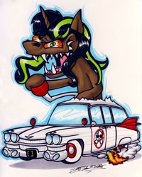 Size: 1024x1282 | Tagged: safe, artist:sketchywolf-13, derpibooru import, oc, oc only, pony, unicorn, 59 cadillac, ambulance, bloodshot eyes, cadillac, car, commission, female, fire, ghostbusters, horn, mare, rat fink, sharp teeth, simple background, smoke, solo, station wagon, teeth, traditional art, white background