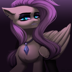 Size: 2000x2000 | Tagged: safe, artist:villjulie, derpibooru import, fluttershy, pegasus, pony, cute, cute little fangs, dark, ear piercing, earring, fangs, fluttergoth, jewelry, necklace, piercing, solo