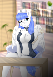 Size: 1400x2000 | Tagged: safe, artist:jerraldina, derpibooru import, oc, oc only, oc:snow pup, anthro, pegasus, bookshelf, breasts, collar, hat, holding paper, nurse hat, nurse outfit, sitting, table