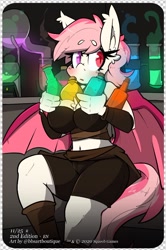 Size: 498x749 | Tagged: safe, alternate version, artist:bbsartboutique, derpibooru import, oc, oc only, oc:blood moon, anthro, bat pony, bat pony oc, bat wings, belly button, blind eye, bottle, clothes, open mouth, potion, text, wings