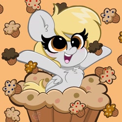 Size: 2048x2048 | Tagged: safe, artist:kittyrosie, derpibooru import, derpy hooves, pegasus, pony, chest fluff, cute, derpabetes, female, high res, mare, muffin, open mouth, orange background, ponies in food, simple background, solo, that pony sure does love muffins