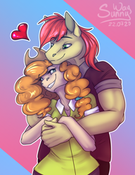 Size: 922x1200 | Tagged: safe, artist:sunny way, derpibooru import, bright mac, pear butter, anthro, earth pony, anthro pony, art, artwork, brightbutter, couple, cute, digital art, fanart, female, general, hug, love, lovers, male, mare, my little pony, patreon, patreon reward, romeo and juliet, shipping, smiling, stallion, straight, true love