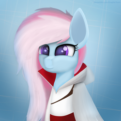 Size: 3000x3000 | Tagged: safe, artist:graphictoxin, derpibooru import, kerfuffle, earth pony, pony, absurd resolution, animus, assassin, assassin's creed, clothes, cosplay, costume, crossover, cute, ezio auditore, glowing eyes, happy, hood, lineless, loading, reflection, simple background, smiling, solo