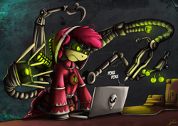 Size: 1500x1060 | Tagged: safe, artist:jamescorck, derpibooru import, apple bloom, earth pony, pony, adeptus mechanicus, alienware, annoyed, clothes, computer, crossover, female, laptop computer, mare, mechadendrites, older, robe, solo, techpriest, warhammer (game), warhammer 40k