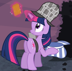 Size: 1420x1391 | Tagged: safe, derpibooru import, screencap, twilight sparkle, unicorn twilight, pony, unicorn, mmmystery on the friendship express, butt, cropped, deerstalker, hat, letter, magic, solo, telekinesis, twibutt