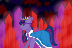 Size: 3000x2000 | Tagged: safe, artist:jeyjeymohr, derpibooru import, part of a series, part of a set, twilight sparkle, unicorn twilight, pony, unicorn, alternate timeline, alternate universe, cape, clothes, color change, corrupted, corrupted twilight sparkle, crown, crystal, crystal empire, crystal war timeline, dark, dark equestria, dark magic, dark queen, dark twilight, dark twilight sparkle, dark world, darkened coat, darkened hair, darklight, darklight sparkle, evil, evil twilight, horn, jagged horn, jewelry, magic, midnight crystal, midnight sparkle (sombra), queen midnight crystal, regalia, robe, solo, sombra empire, sombra eyes, tumblr:ask midnight crystal, tyrant sparkle