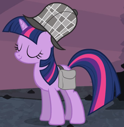 Size: 1362x1391 | Tagged: safe, derpibooru import, screencap, twilight sparkle, unicorn twilight, pony, unicorn, mmmystery on the friendship express, bag, cropped, deerstalker, eyes closed, hat, proud, solo