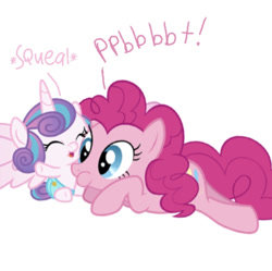 Size: 824x821 | Tagged: safe, artist:princessdestiny200i, derpibooru import, pinkie pie, princess flurry heart, alicorn, earth pony, pony, auntie pinkie pie, baby, baby pony, cute, diaper, diapinkes, female, filly, flurrybetes, laughing, mare, open mouth, raspberry, simple background, tickle torture, tickling, tummy buzz, weapons-grade cute, white background