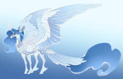 Size: 5100x3300 | Tagged: safe, artist:turnipberry, derpibooru import, oc, oc only, oc:eirene invictus, alicorn, kirin, pony, alicorn oc, blue background, body markings, cloven hooves, commission, ethereal mane, female, forked horn, gradient background, horn, kirindos, mare, next generation, offspring, parent:oc:arlon invictus, parent:princess celestia, parents:arlestia, parents:canon x oc, realistic horse legs, simple background, solo, tail feathers, unshorn fetlocks, wings