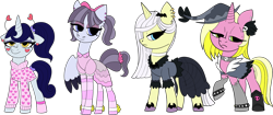 Size: 1280x536 | Tagged: safe, artist:ch0c0butt, artist:icey-wicey-1517, color edit, derpibooru import, edit, inky rose, lily lace, moonlight raven, sunshine smiles, bat, pegasus, pony, unicorn, collaboration, alternate hairstyle, anklet, boots, bow, bracelet, choker, clothes, colored, deely bobbers, dress, duo, ear piercing, earring, eyeshadow, feather, female, girly, goth, hair bow, hairband, hat, heart, jewelry, makeup, mare, piercing, ponytail, raised hoof, shoes, simple background, skirt, skull, socks, spiked wristband, stockings, striped socks, sweater, thigh highs, torn clothes, transparent background, unshorn fetlocks, witch hat, wristband
