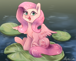 Size: 2500x2000 | Tagged: safe, artist:buttersprinkle, derpibooru import, fluttershy, pegasus, pony, chest fluff, cute, daaaaaaaaaaaw, female, high res, lake, lilypad, open mouth, pond, shyabetes, sitting, solo, tiny, tiny ponies