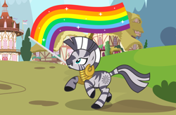 Size: 3800x2500 | Tagged: safe, artist:oyks, derpibooru import, zecora, zebra, bracelet, commission, cute, ear piercing, earring, female, gay pride flag, jewelry, lgbt, lgbt flag, lgbt headcanon, mouth hold, neck rings, piercing, pride, pride flag, pride month, raised hoof, raised leg, running, solo, ych result, zecorable