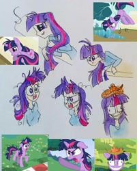 Size: 539x670 | Tagged: safe, artist:lunaart, derpibooru import, screencap, twilight sparkle, unicorn twilight, bird, human, pony, unicorn, lesson zero, bench, bird nest, floppy ears, hug, humanized, messy mane, reflection, scene interpretation, tail hug, twilight snapple