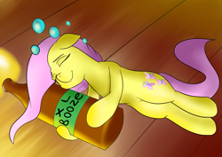 Size: 3541x2508 | Tagged: safe, artist:flaxen's art corner, derpibooru import, fluttershy, pegasus, pony, drunk, drunk bubbles, drunkershy, missing wing, sleeping, solo