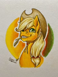 Size: 1536x2048 | Tagged: source needed, safe, alternate version, artist:sepsi, derpibooru import, applejack, earth pony, pony, bust, female, freckles, grin, hat, mare, smiling, solo, straw in mouth, traditional art