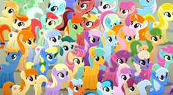 Size: 1080x598 | Tagged: safe, derpibooru import, screencap, apple juice (character), cherry lemonade, confetti party, cottonflock, guiding heart, kersplash, oak sprout, rocketstar, spring sprout, earth pony, pegasus, pony, unicorn, rainbow roadtrip, background pony, bridle wreath, crowd, crystal potion, crystal star, female, happy, hydrangea (character), living in color, looking up, male, mare, pastelia, periwinkle breeze, photo, pumpkin pie, puppy love (character), quiet paws, rose honey, sand dune, smiling, stallion, unnamed character, unnamed pony