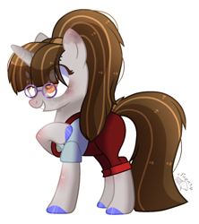 Size: 1300x1461 | Tagged: safe, artist:sugaryicecreammlp, derpibooru import, oc, oc:mukeana, pony, unicorn, clothes, female, glasses, mare, overalls, shirt, simple background, solo, transparent background